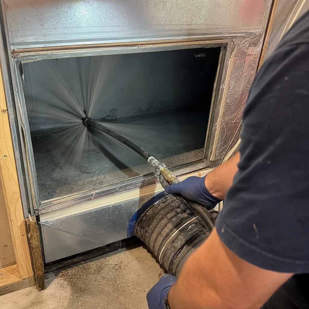Technician using a rotating air duct cleaning tool inside HVAC system in Akron, OH