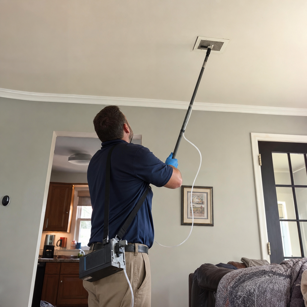 Technician performing professional air quality sanitizing on a residential ceiling vent in Elyria, OH