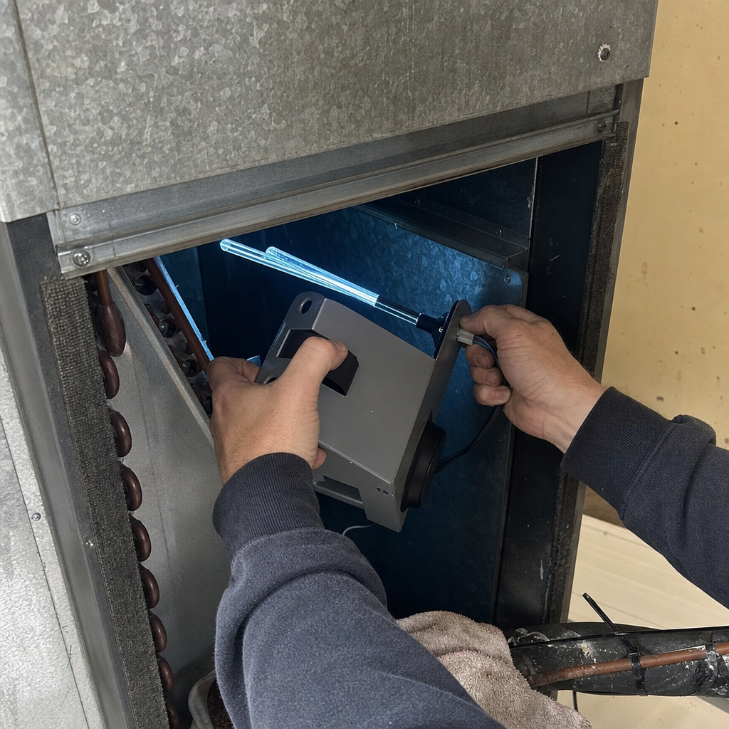 HVAC technician installing a germicidal UV light air sanitizer system in Elyria, OH