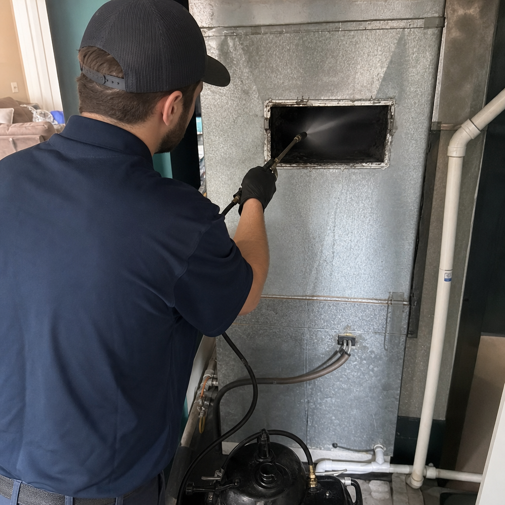 Technician performing professional HVAC air duct cleaning and sanitizing service in Berea, OH