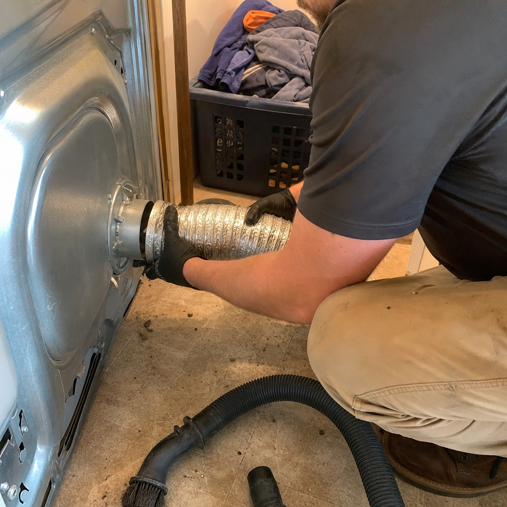 Technician attaching a metal dryer vent hose for professional duct cleaning. in Ohio, OH