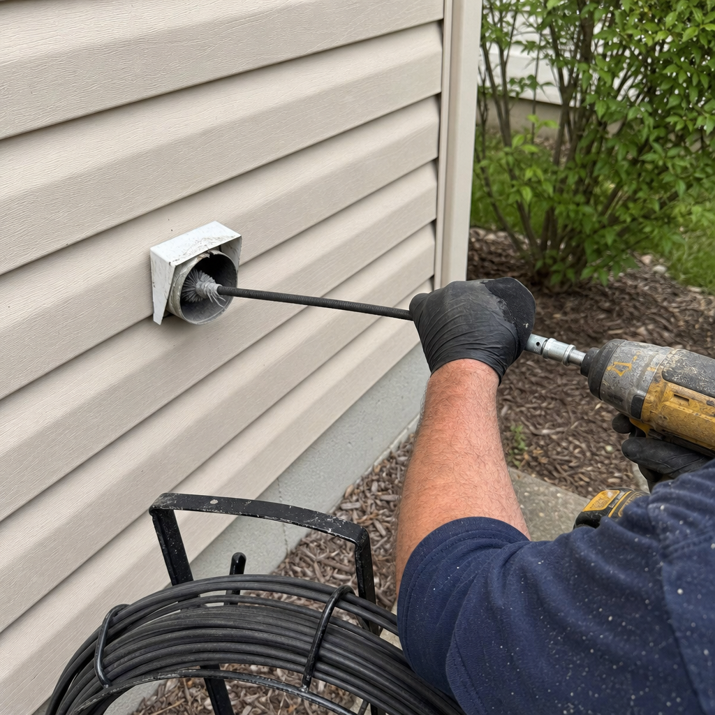Technician using a rotating brush tool for residential dryer vent cleaning. in Bright, OH