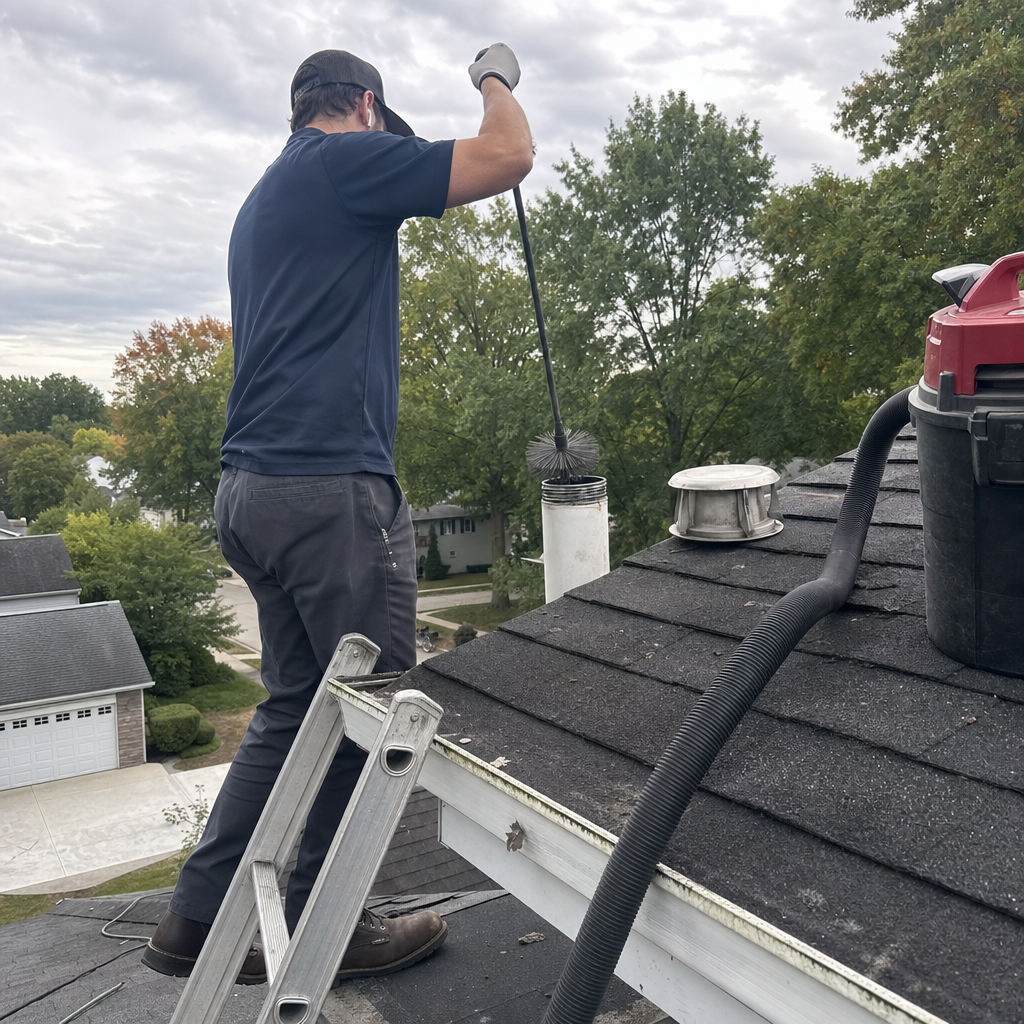 Technician performing professional dryer vent cleaning on a residential roof in Green, OH