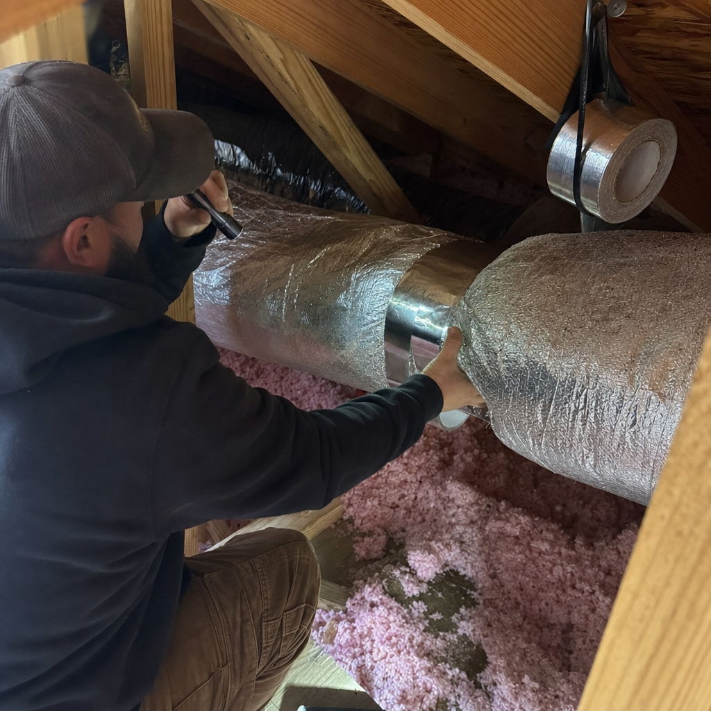 HVAC technician performing professional duct repair and sealing in an attic in Aurora, OH