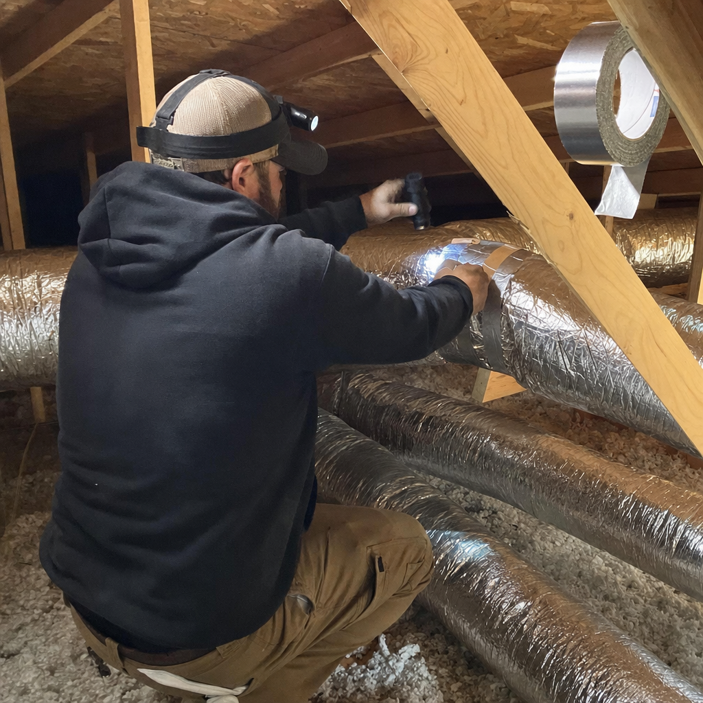 Technician performing professional air duct repair and sealing in an attic in Circleville, OH