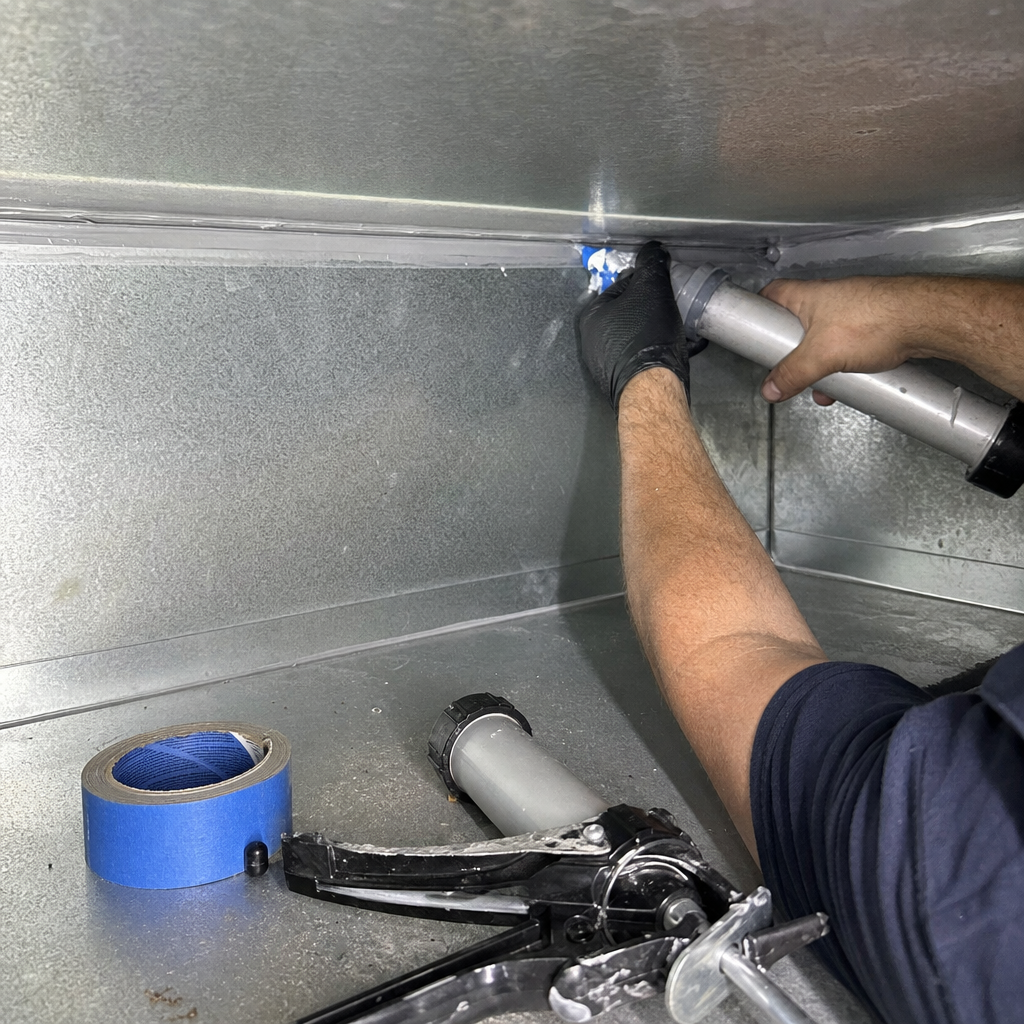 Professional technician performing air duct repair and sealing on metal HVAC ductwork. in Cold Spring, OH