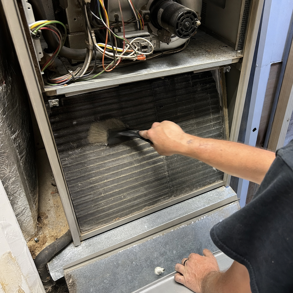 Technician performing professional HVAC evaporator coil cleaning with a brush in Brooklyn, OH