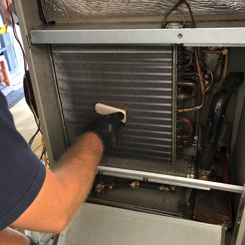 HVAC technician cleaning cooling coils with a professional brush in Ohio, OH