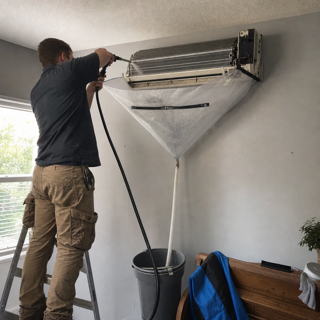 Technician performing professional mini-split air conditioner deep cleaning service in Fort Wright, OH